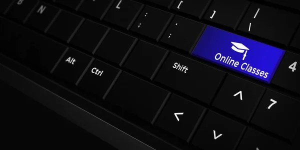 Online Classes Button and Icon on a Keyboard with glowing blue lights. Modern 3D Rendered Online learning backdrop