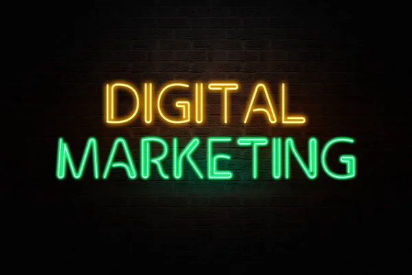 Abstract Digital Marketing Advertisement on Neon Wall in the Night Time. Modern marketing backdrop concept banner