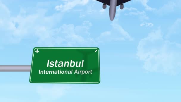 Avión Está Pasando Sobre Letrero Del Aeropuerto Internacional Estambul — Vídeo de stock