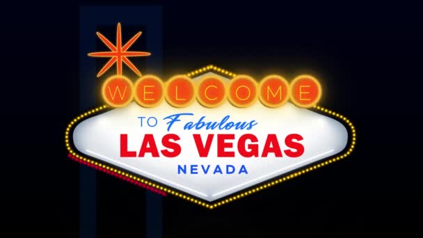 现代拉斯维加斯欢迎招牌动画与明亮的霓虹灯 Vegas动画著名告示牌 — 图库视频影像