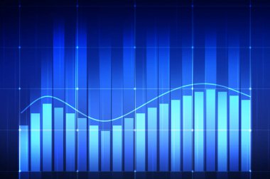 Fütürist Neon Işıkları Arkaplanlı Modern Mavi Soyut Grafik. Çubukları ve noktaları olan yeni ve son teknoloji arkaplan grafiksel sunumu