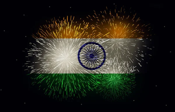 印度独立日概念背景 烟花飘扬 旗帜飘扬 现代五彩缤纷的彩旗彩灯庆祝活动 — 图库照片