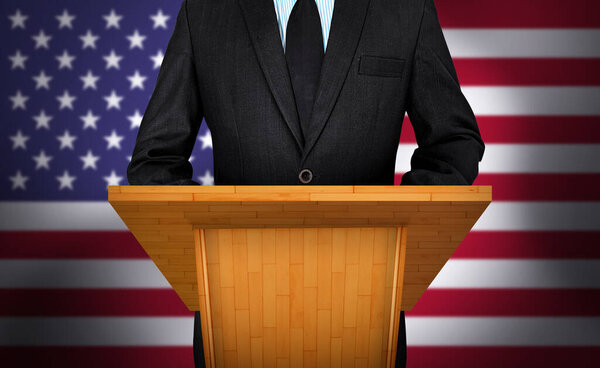 Political Personality Standing on the Stage for Conference and talking to Media with United States Background. Modern political concept backdrop