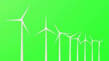 Rüzgar Türbinleri, 4K kalitesinde yeşil ekranda oluşturulan 3 boyutlu animasyon üzerinde çalışıyor. Rüzgar türbinleri animasyon döngüsüne sahip modern enerji kavramı