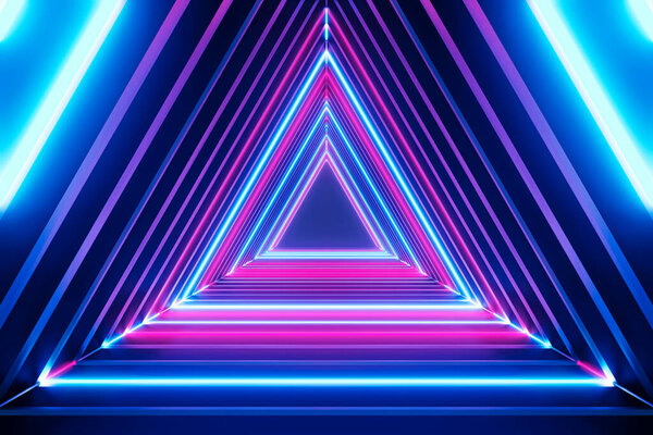 3D рендеринг светящиеся неоновые огни на поверхности в комнате, абстрактная концепция фона. современные ультрафиолетовые и яркие цвета фона