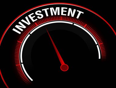 Investment or capital raising concept modern background with speedometer and needle. Focusing investment with needle of red speedometer backdrop