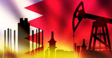 Bahrain oil refinery concept background with waving flag in the backdrop. Middle east, gulf, oil and gas concept