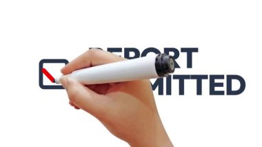 Beyaz arkaplanda tipografiyi gösteren raporla birlikte kutunun içinde el işaretleri var. 4K görüntü.