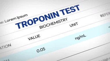 Troponin testi, protein 4k animasyonunu mavi tipografiye yakın tutuyor. Sağlık, sağlık, kalp krizi, kas hasarı