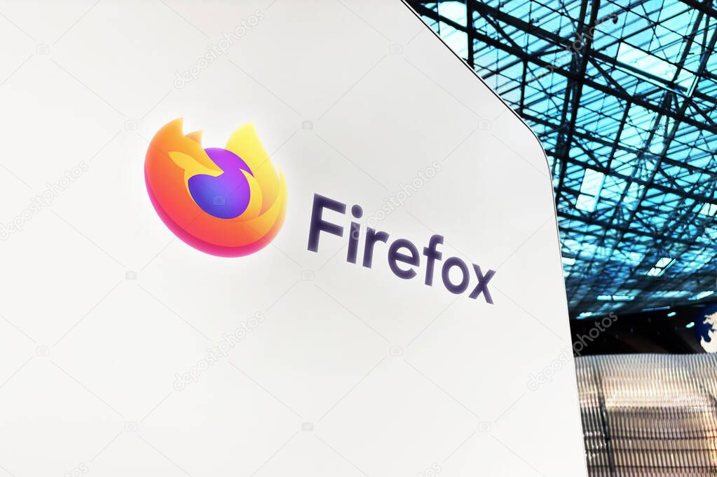 Firefox browser logo in huge size on the wall, editorial backdrop