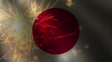 Japonya gökyüzünde bayrak sallayarak ve havai fişek atarak kutlama konsepti.