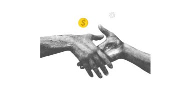 Yüzen huniler, koniler, strateji ve pazarlama konsepti 4k animasyon ile iş anlaşmasını gösteren yarım tonluk bir el sıkışma.