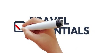 Seyahat gereksinimleri kutusu işaretli ve elinde 4K görüntü var. Tatil, seyahat, kontrol listesi