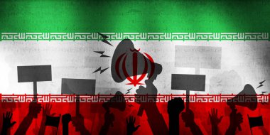 Arka planda doku ve bayrak olan İran konsepti protesto edildi. Rejim, devrim, halk, protesto, haklar