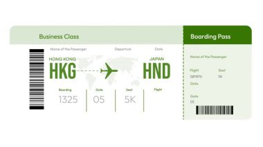 Hong Kong 'dan Japonya' ya giriş kartı, kapı, koltuk ve barkod elemanları içeren 4K animasyon kartı..