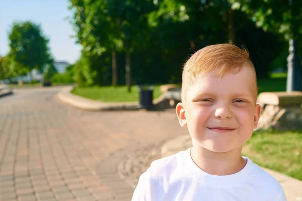 公園の近くに小さな赤い髪の5歳の少年が立っている — ストック写真