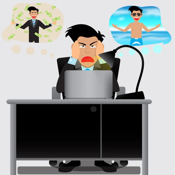 Homme d'affaires Décider entre faire des heures supplémentaires ou aller en vacances . — Image vectorielle