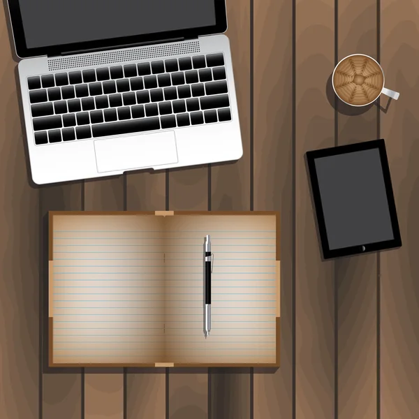Ordinateur portable Tablet Book Crayon tasse de café sur table en bois. Vecteur — Image vectorielle