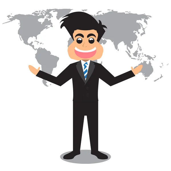 Cartoon Businessman And World Map Background. - Stok Vektor