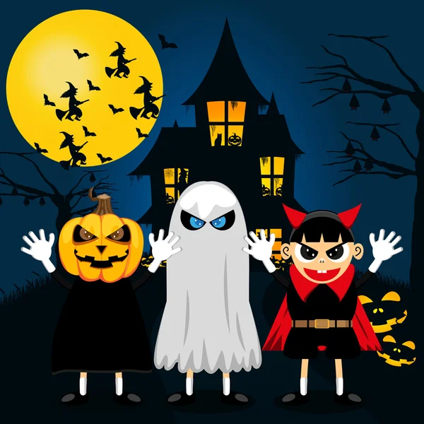 Fiesta de Halloween con niños truco o trato. Ilustración vectorial — Vector de stock