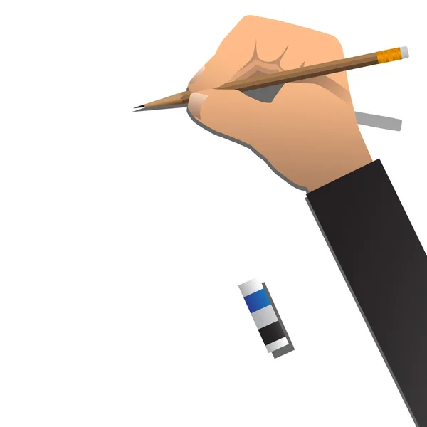 Main droite avec crayon et gomme sur fond blanc. Vecteur — Image vectorielle