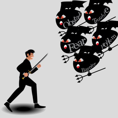 Businessman Fighting With Monster From Obstacle Of Work. Vector clipart