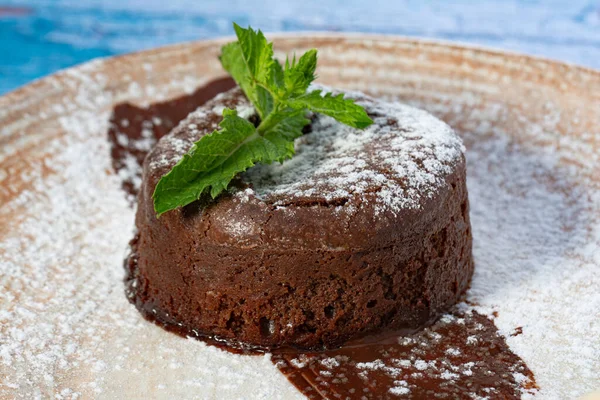 Dessert Schokoladenbrunnen Mit Minze Und Schokolade Auf Einem Mit Puderzucker — Stockfoto