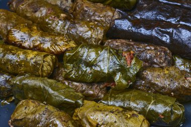 Üzüm yapraklarından pirinçle doldurulmuş lezzetli dolma. Tabakta..