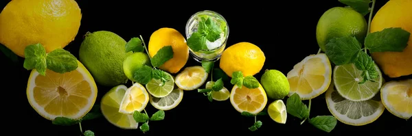 Citrus Lemonade Ice Glass Decorated Lemon Lime Mint Black Background — Stock Photo, Image