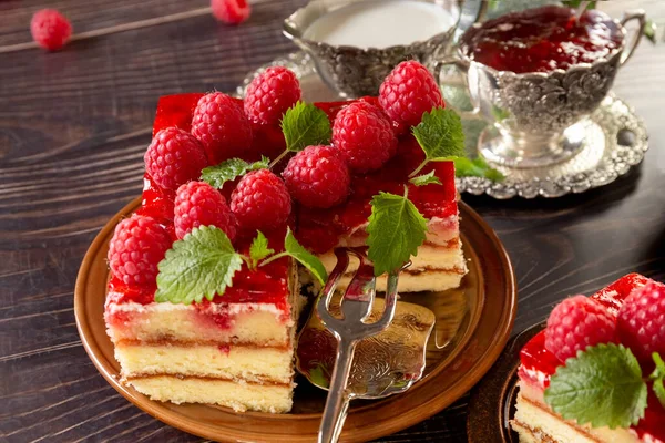 Cake Piece Beautiful Raspberry Cake Plate Raspberry Jam Milk Silver — Stock Photo, Image
