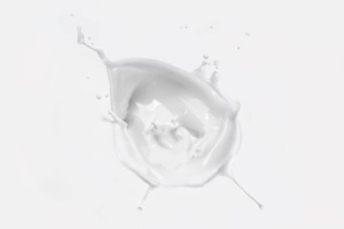 Beyaz süt sıçraması. Beyaz arka planda krema lekesi. Beyaz üstüne beyaz. Kavram.