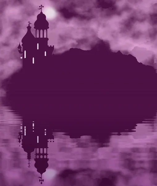 Fairy tale castle silhouette and moon with water reflection — Stock Photo, Image