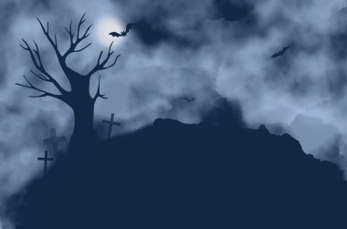 Ağaç, yarasalar, haçlar ve ayın sisli bir gece