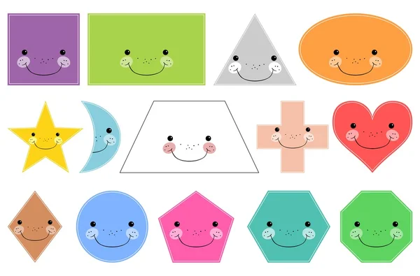 Cartoni animati forme geometriche di base. Forme sorridenti. Isolato su sfondo bianco — Vettoriale Stock