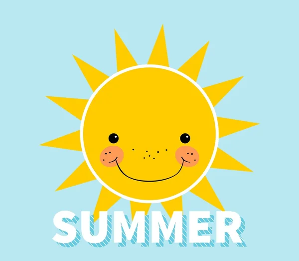 Concepto de verano. Sonriente sol. Letras de verano. Aislado. Fondo azul — Vector de stock