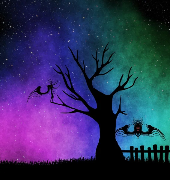 Halloween monsters. Tree. Starry night — Stock Photo, Image