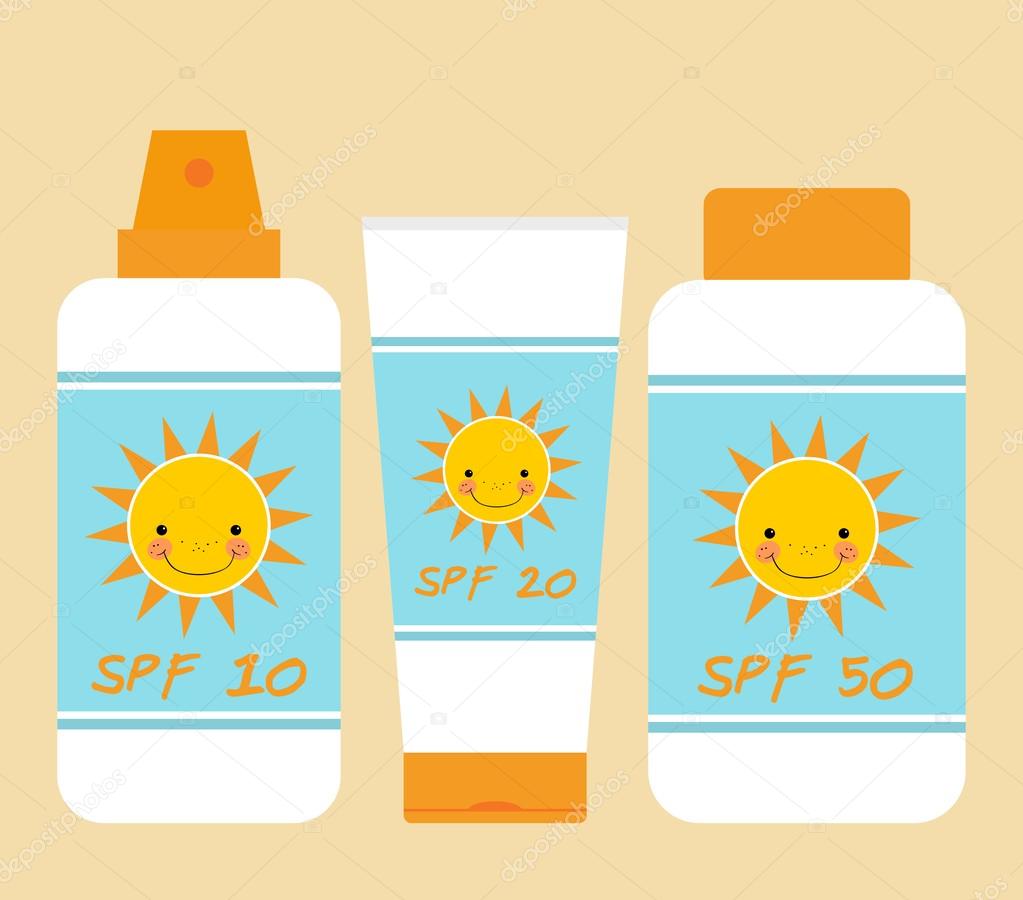 Cute bottles of sunscreen with different SPF. Smiling sun motif — Stock