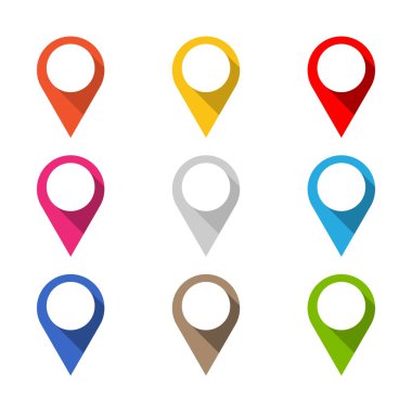 Uzun gölge ile renkli harita işaretçi kümesi. İzole