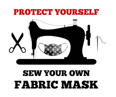 Kendini koru, dikiş makinesi, kumaş maskesi, koronavirüs hücresi, iğne ikonu. DIY kumaş maskesi konsepti. Covid-19 teması, 2019-NCoV. 