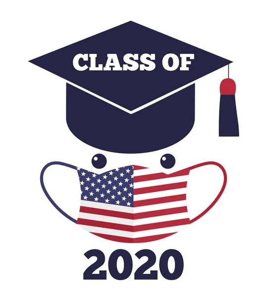 Sınıf 2020 Metin Mezuniyet Şapkası Koruma Maskesi Amerikan Bayrağı Mezuniyet — Stok Vektör