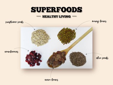 Beyaz arka planda çeşitli abur cuburlar. Chia, mung fasulyesi, ayçekirdeği, kakao çekirdeği, kızılcık, ahşap kaşık. Üst Manzara. El yazısı.