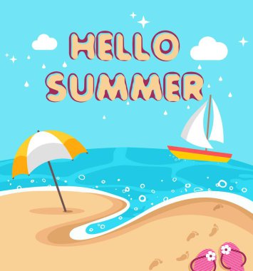 Plaj arka planı, plaj şemsiyesi, sandalet, gemi, deniz kıyısı, su, bulutlar ve gökyüzü. Merhaba Yaz tatili konsepti