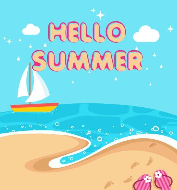 Merhaba yaz tatili konsepti. Sahil kıyısı, okyanus dalgaları, gemi, sandallar, gemi, bulutlar ve mavi gökyüzü düz bir şekilde.