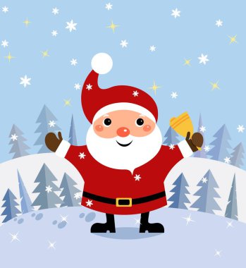 Dost canlısı Noel Baba 'nın orman arka planında Noel çanı çaldığı kış sahnesi. Noel tebrik kartı tasarımı.