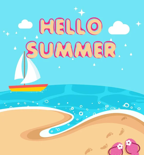 Hello Summer Nyaralás Koncepció Tengerpart Stranddal Óceán Hullámok Hajó Szandál — Stock Vector