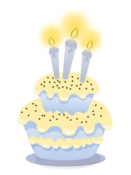 Birthday cake with three candles and chocolate hearts - isolated on white — Stock Photo, Image