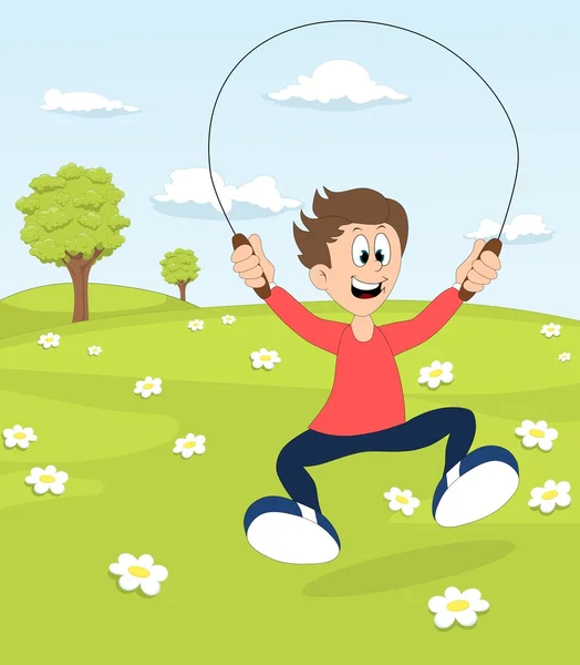Un garçon jouant avec la corde à sauter dans un parc — Photo