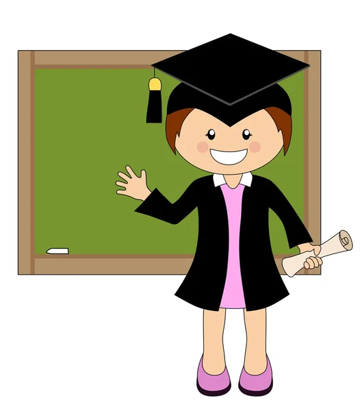Chica de dibujos animados en la tapa y vestido graduado en frente de la junta escolar — Vector de stock