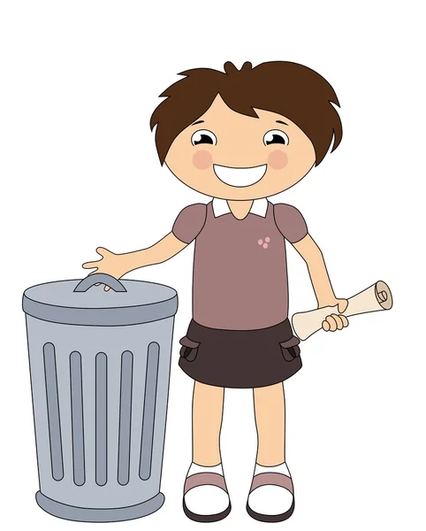 Sorrindo menina dos desenhos animados jogando fora o lixo — Vetor de Stock