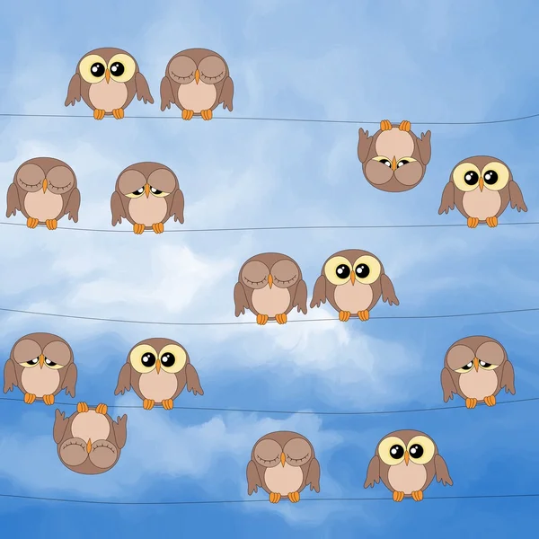 Illustration of cute owls sitting on power lines — Stock Photo, Image